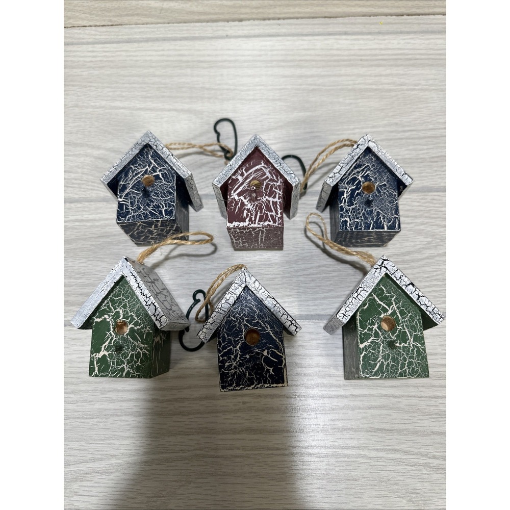 Blue, Red, Green Wood Birdhouse Christmas Ornament Snow Top 2x2.5x3" (Set‎ of 9)